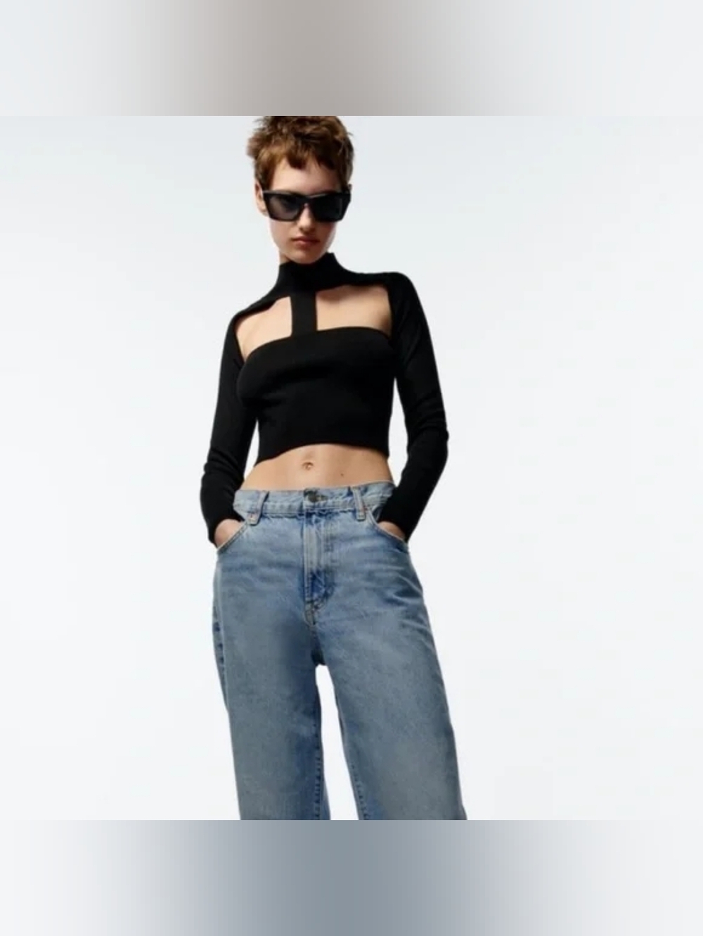 ZARA Cut-Out Long Sleeve Top – Black – Size S (Like New)